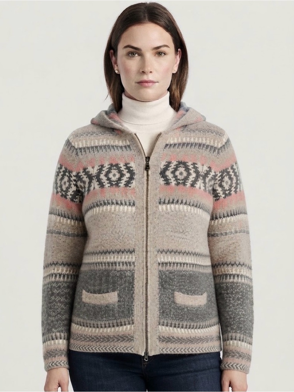 Pendleton Grey Pink Fair Isle Full-Zip Hooded Cardigan Sweater: Size 2X